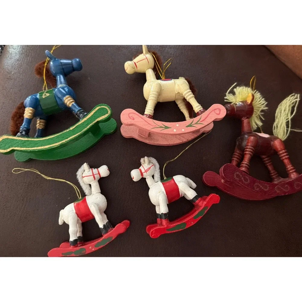 Vintage Lot of 5: Wooden Rocking Horses Christmas Ornaments